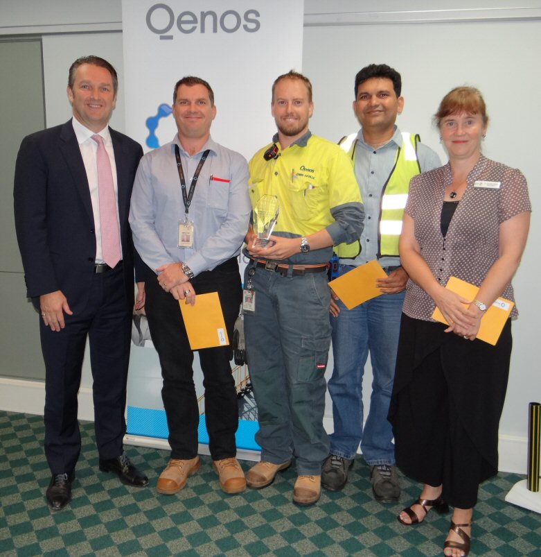 Damian Toohey with Hobsons Bay City Council Deputy Mayor, Sandra Wilson presenting the Altona SHE award to Ross Hutton, Chris Saville and Raj Solanki